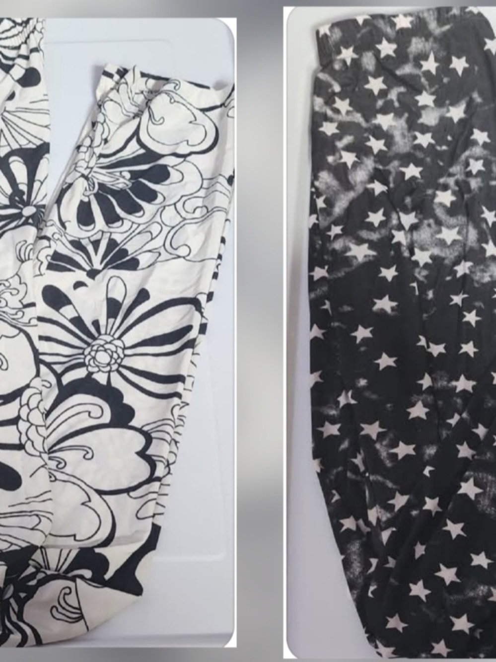 Y2K Black & White Patterned Leggings Duo - Floral and Star Prints